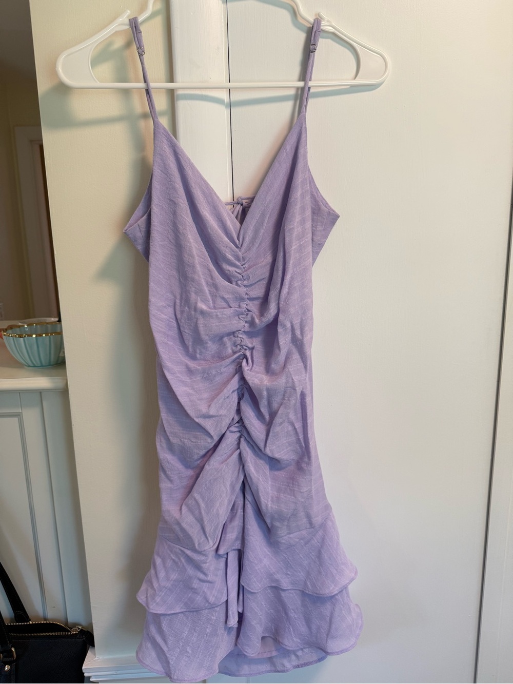 LUSH Lavender Ruched Ruffle Midi Dress
